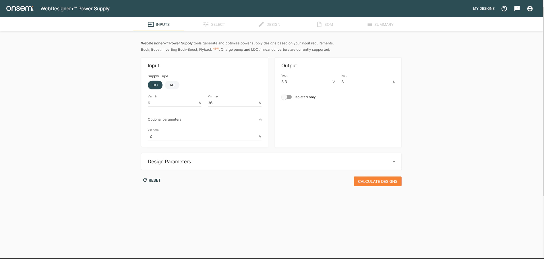 INPUT screen of the WebDesigner+ Power Supply tool. The nominal input voltage is entered in the optional parameters area.