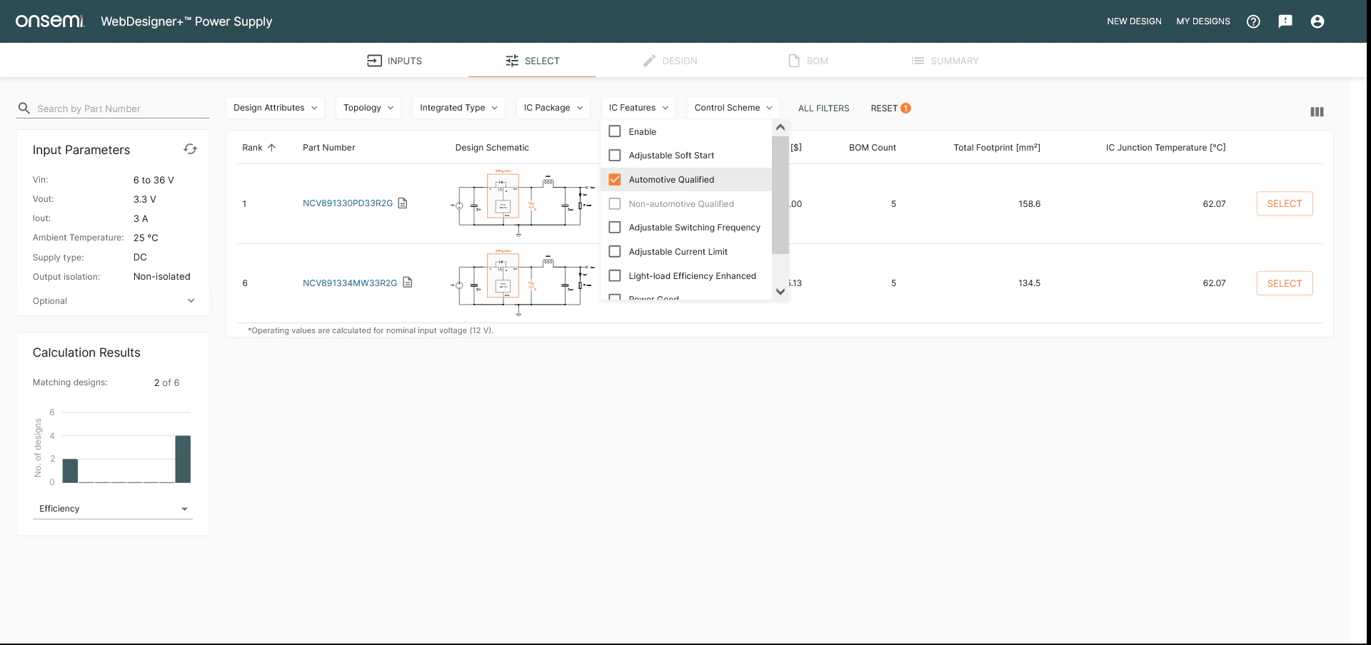 SELECT screen of the WebDesigner+ Power Supply tool with solutions filtered for automotive-qualified products only.